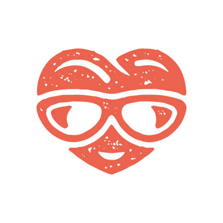 Funny smiling red heart character smiling wearing sunglasses fashion symbol of love grunge textureのイラスト素材