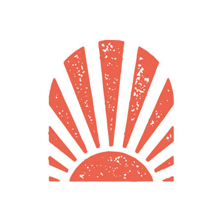 Hand drawn aesthetic bohemian red sun with shine rays curved decorative frame design grunge textureのイラスト素材