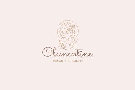 Elegant medieval female bust curly hair decorated tropical leaves natural branches line logo vectorのイラスト素材