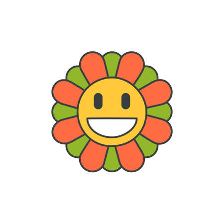 Funny chamomile smiling character multicolored petals pop art t shirt print groovy design vectorのイラスト素材