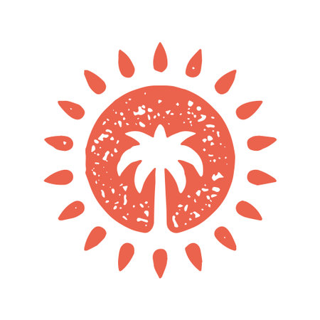 Tropical palm tree silhouette circle sun beams red logotype grunge texture vector illustrationのイラスト素材