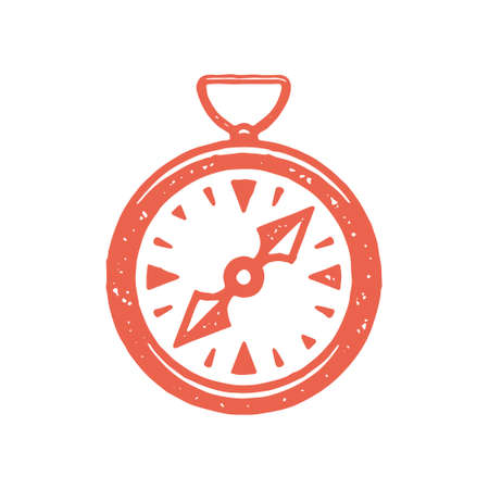 Hand drawn minimalist red compass with arrow for directional map orientation grunge textureのイラスト素材