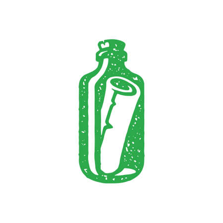 Green transparent glass bottle with rolled paper letter message inside hand drawn grunge textureのイラスト素材