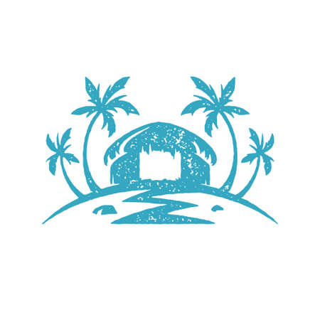 Tropical nature island bungalow surrounded by palm trees blue hand drawn grunge texture vectorのイラスト素材
