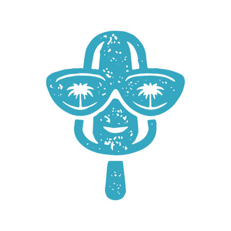 Funny ice cream on wooden stick wearing sunglasses with palm tree reflection summer vacationのイラスト素材