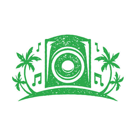 Sound bass audio system at tropical island surrounded by flying musical notes green grunge textureのイラスト素材