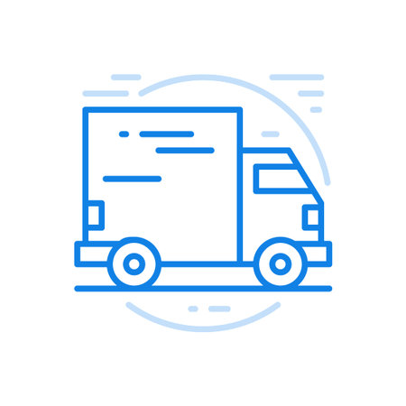 Delivery vector line icon. Mail truck is driving along the road. Logistic commercial express package with free shipping. Moving goods around the world with delivery parcel to office and home.のイラスト素材