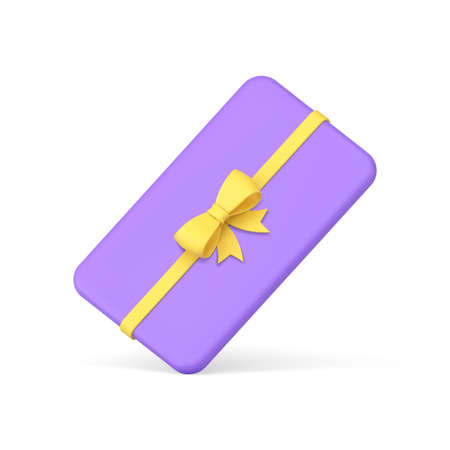 Purple glossy rectangle gift card with yellow bow ribbon diagonally placed realistic 3d iconのイラスト素材