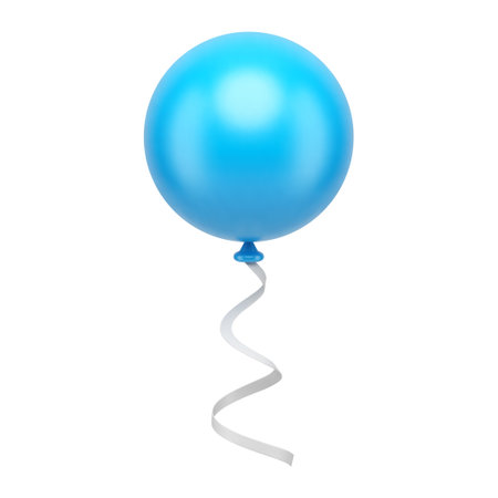 Blue circle flying balloon with curved white ribbon holiday decor realistic 3d icon vectorのイラスト素材