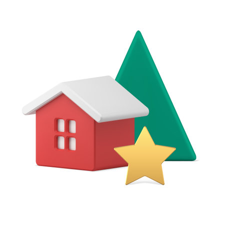 Cozy winter fairytale hut green abstract triangle pyramid Christmas tree and golden star realistic 3d icon vector illustration. Decorative Xmas eve winter holiday congratulations New Year celebrationのイラスト素材