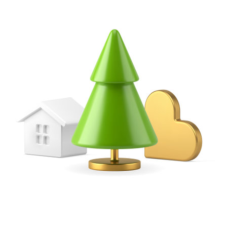 Christmas winter holiday celebrate romantic composition toys spruce on stack cozy hut and heart shape realistic 3d icon vector illustration. Xmas traditional eve congrats frozen house golden designのイラスト素材