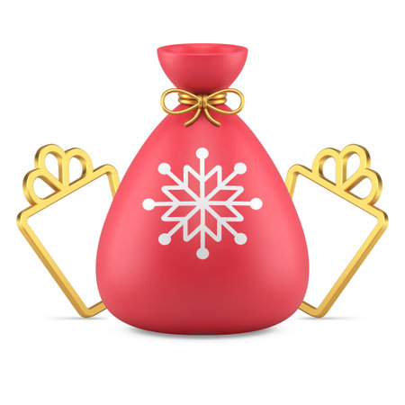 Santa Claus red sack with snowflake ornament and golden gift box frame realistic 3d icon vector illustration. Christmas present bag traditional winter holiday December decorative festive designのイラスト素材