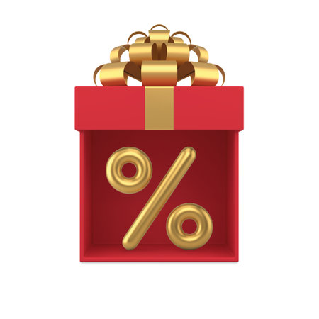 Red festive gift box open cap with percentage Christmas sale discount top view realistic 3d icon vector illustration. Bright glossy present package Xmas winter seasonal marketing special offerのイラスト素材