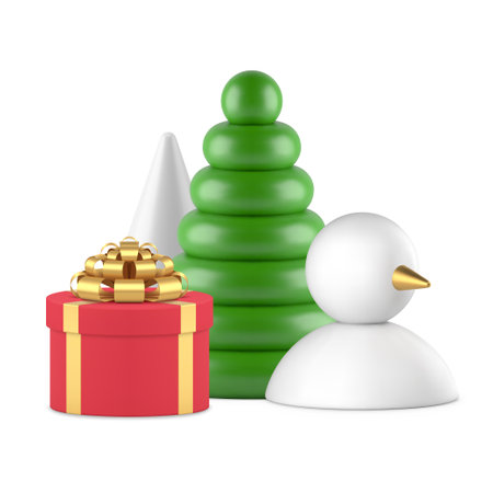 Festive Christmas celebration composition abstract green spruce balloon gift box and snowman realistic 3d icon vector illustration. Xmas traditional winter holiday congrats geometric triangle shapeのイラスト素材