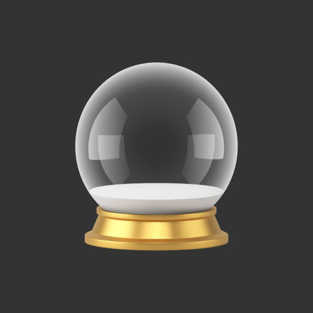 Realistic empty glass spherical ball on golden pedestal with light reflected vector illustration. 3d template magical glossy globe transparent sphere festive decor pack magic circle design isolatedのイラスト素材