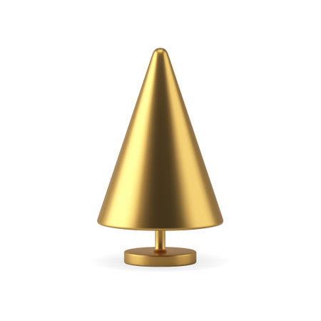 Luxury minimalist metallic golden Christmas tree on rack symbol of Xmas winter holiday realistic vector illustration. Expensive jewelry New Year spruce indoor decorative design table souvenir isolatedのイラスト素材