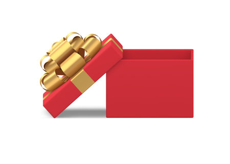 Amazing holiday passion red cardboard gift box for Valentines romantic celebrating 3d realistic vector illustration. Fashion squared present package unpacking greeting love surprise with golden bowのイラスト素材