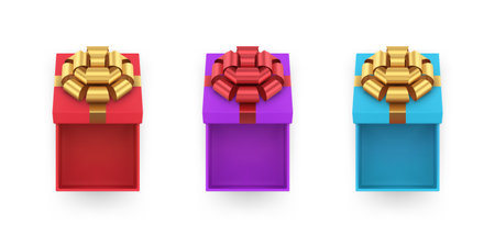 Top view unpacking realistic bright wrapped cardboard present set congrats to birthday, Christmas, holiday 3d vector illustration. Collection isometric cute gift boxes for festive congratulationsのイラスト素材