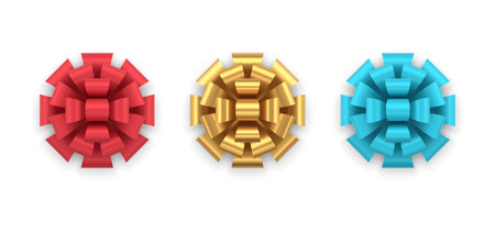 Collection realistic luxury big tied bow ribbon for present package decorative design top view 3d isometric vector illustration. Set amazing expensive gift box decor for birthday, Christmas, Xmasのイラスト素材