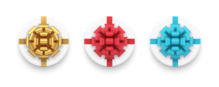 Set classic circle giftbox with closed cap decorated by shiny multicolored bow ribbon realistic mockup 3d vector illustration. Collection top view rounded cardboard for birthday celebration isolatedのイラスト素材