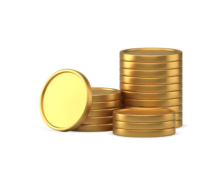 Golden metallic coin stack abundance wealth banking investment financial independence realistic 3d icon vector illustration. Pile currency premium treasure business wage earnings salary lottery winのイラスト素材
