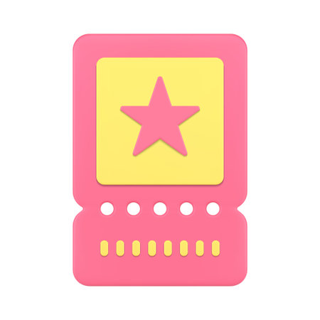 Entertainment show concert ticket pass coupon front view commercial branding advertising realistic 3d icon vector illustration. Cinema movie theater promo admission entry advertisement badgeのイラスト素材