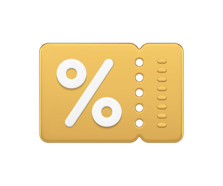 Golden shopping percentage coupon buying purchase special offer realistic 3d icon vector illustration. Sale discount price off retail business marketing advertising financial gift bonus sticker tagのイラスト素材