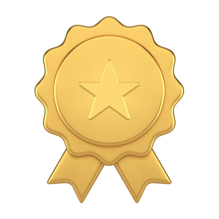 Golden premium medal ribbon curved circle achievement best quality approved badge realistic 3d icon...