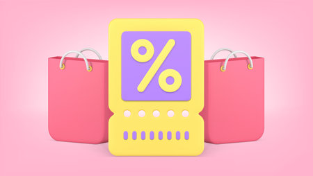 Shopping sale discount voucher buying special offer percentage price off realistic 3d icon vector illustration. Goods purchase pack bag business commercial marketing clearance black friday coupon tagのイラスト素材