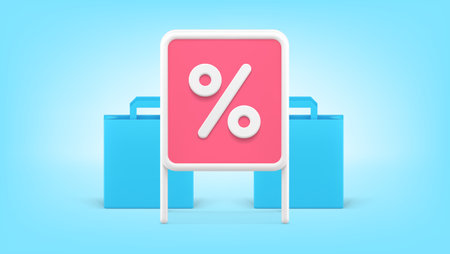 Sale discount percent seasonal clearance special offer street sign standing board with shopping bag realistic 3d icon vector illustration. Black friday retail bonus stand advertising price off promoのイラスト素材