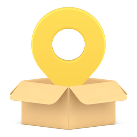 Logistic navigation cardboard box GPS tracking service map pin realistic 3d icon vector illustration. Cargo courier delivery transportation app commercial freight distribution direction searchのイラスト素材