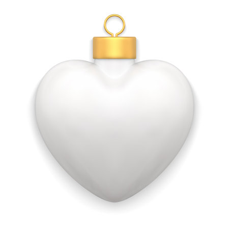 Cute white elegant Christmas tree toy ball heart shape golden expensive loop for hanging realistic vector illustration. Premium Xmas spruce tender bauble decorative design winter holiday celebrateのイラスト素材