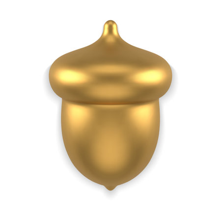 Premium metallic glossy golden acorn realistic toy 3d template decorative design vector illustration. Luxury quality jewelry oak plant bauble minimalist decor element traditional autumn plant isolatedのイラスト素材