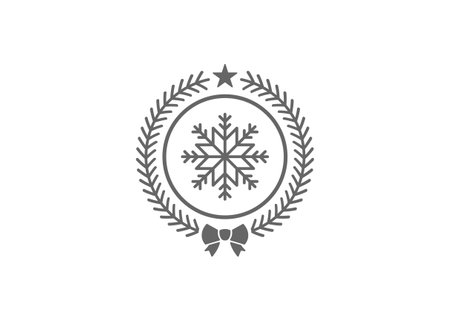 Vector illustration of silhouette of coniferous branches with bow and star depicted around snowflake as symbol of Christmas dayのイラスト素材