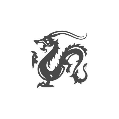 Dragon Asian mythology monster Oriental horoscope prosperity monochrome icon vector illustration. Reptile monster dinosaur ancient creature beast minimalist black silhouette insignia mascotのイラスト素材