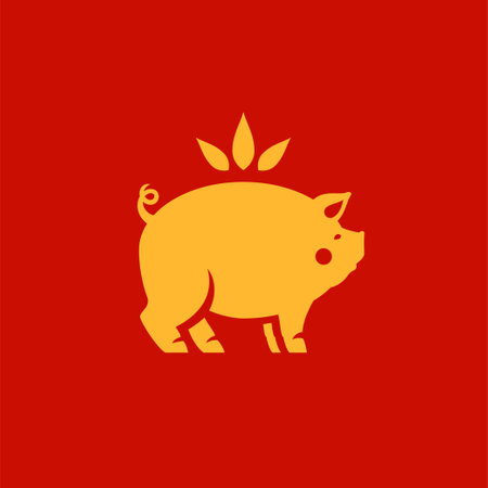 Golden pig Chinese New Year astrology symbol animal minimalist icon vector flat illustration. Hog lucky Oriental lunar holiday zodiac character with piglet tail hooves and flower crown monochrome logoのイラスト素材