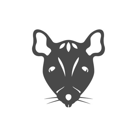 Mouse muzzle portrait with ears and mustache monochrome icon vector illustration. Rat laboratory mice animal head zoo badge rodent parasite wild pet character minimalist black silhouette emblem logoのイラスト素材