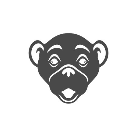 Monkey muzzle ape head portrait monochrome icon vector illustration. Gorilla chimpanzee face with ears jungle zoo minimalist emblem wild primate animal mascot wild mammal character logoのイラスト素材