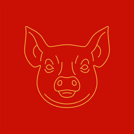 Pig head muzzle Chinese New Year golden monochrome line icon vector illustration. Hog piglet portrait Asian astrology horoscope prosperity symbol Oriental culture folk farm animal minimal logoのイラスト素材