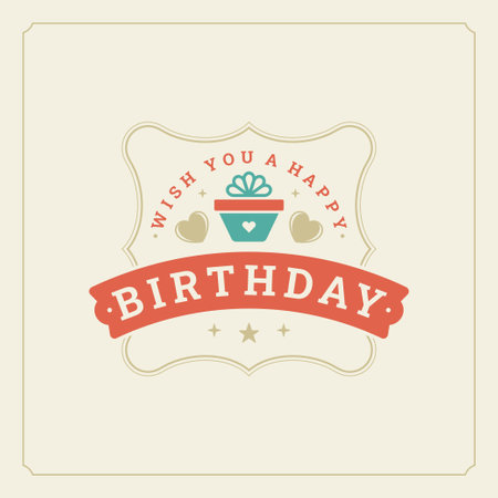 Happy birthday vintage shield ribbon greeting card typographic template vector flat illustration. Birth anniversary holiday celebration gift box present heart star congratulations old fashioned designのイラスト素材