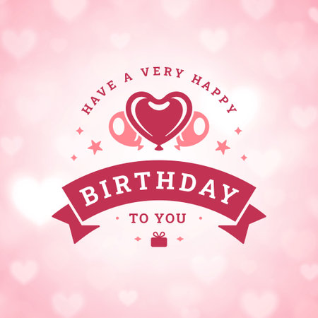 Happy birthday pink heart ribbon vintage ribbon greeting card typographic template vector illustration. Festive holiday anniversary celebration air balloon romantic blurred gradient smooth backgroundのイラスト素材