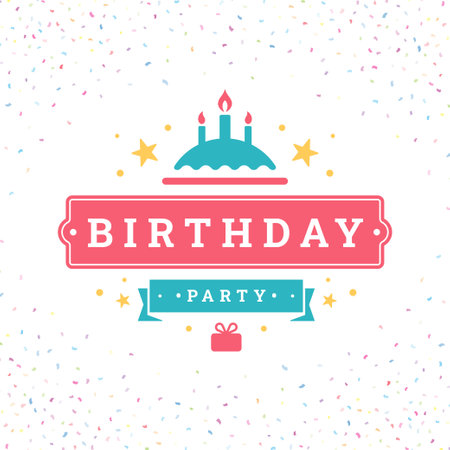Happy birthday cake candles confetti vintage greeting card typographic template vector flat illustration. Birth anniversary holiday celebrate retro ribbon dessert chocolate present decorative designのイラスト素材