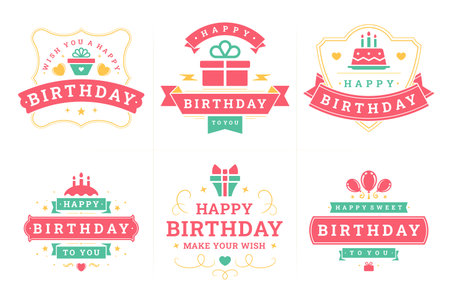 Happy birthday old fashioned label and badge set for greeting card congratulations design vector flat illustration. Birth anniversary festive vintage emblem pink ribbon cake gift box air balloonsのイラスト素材