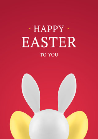 Easter pink3d greeting card rabbit long ears painted chicken egg design template realistic vector illustration. Religious spring holiday congratulations postcard bunny bauble decorative eggshellのイラスト素材