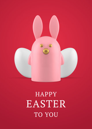 Happy Easter bunny character chicken eggs 3d greeting card design template realistic vector illustration. Rabbit animal bauble painted eggshell religious holiday festive celebration decor elementのイラスト素材