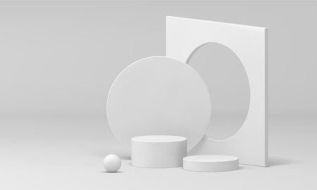 White 3d podium geometric foundation display cylinder level stage vertical wall hole realistic vector illustration. Pedestal construction round scene showroom studio background minimal decor designのイラスト素材