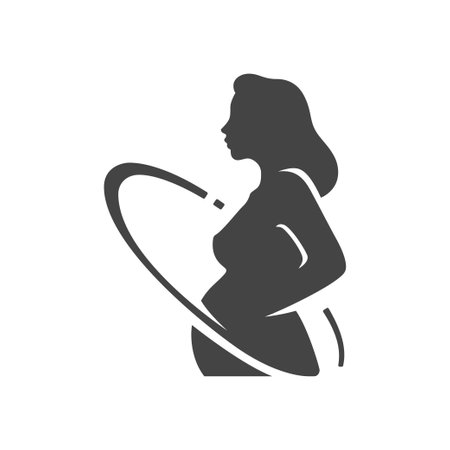 Pregnant woman black silhouette with hoop on belly medical fitness sport healthcare icon vector flat illustration. female pregnancy prenatal childbirth health physical activity training health careのイラスト素材