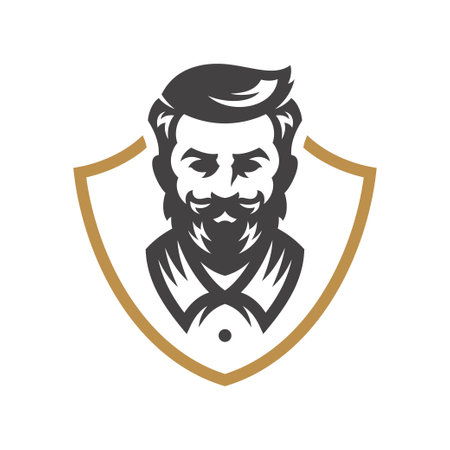 Barber shop fashion man grooming coiffure silhouette shield frame vintage icon vector illustration. Barbershop old fashioned male portrait beard mustache hairstyle gentleman hairdressing beauty salonのイラスト素材