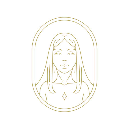 Mythic woman beauty cosmetology skin care hair coiffure line art deco vintage logo vector illustration. Esoteric fashion female wellness hairdressing aesthetic artwork cosmetic makeup boutique iconのイラスト素材
