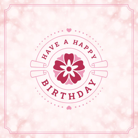 Happy birthday pink flower circle ribbon vintage greeting card typographic template vector illustration. Holiday birth anniversary romantic blurred gradient festive congratulations smooth designのイラスト素材